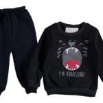 Βρεφικό Σετ Χοντρές Φόρμες Φούτερ, Μπλουζίτσα και Παντελονάκι με Σχέδιο Τιγράκι "I'm Roarsome!" - Μαύρο