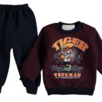 Βρεφικό Σετ Χοντρές Φόρμες Φούτερ, Μπλουζίτσα και Παντελονάκι με Σχέδιο Τιγράκι "Tiger" - Μπορντό