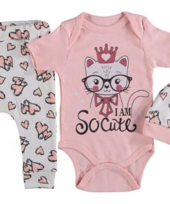 Σετ Κορμάκι Κοντομάνικο με Παντελονάκι και Σκουφάκι με Σχέδιο Γατούλα με Καρδούλες "I Am So Cute" Σομόν