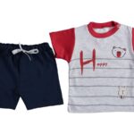 Σετ Μπλουζίτσα και Σορτσάκι με Σχέδιο Φατσούλα Αρκουδάκι "Happy" Κόκκινο