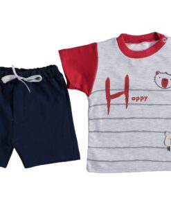 Σετ Μπλουζίτσα και Σορτσάκι με Σχέδιο Φατσούλα Αρκουδάκι "Happy" Κόκκινο