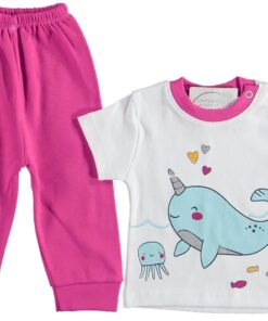 Σετ Μπλουζίτσα Kοντομάνικη  και Παντελονάκι με Σχέδιο Φαλαινίτσα με Καρδούλες Φουξ