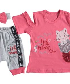 Σετ Μπλουζίτσα Κοντομάνικη με Κορδέλα και Βερμούδα με Σχέδιο Γατούλα Γοργόνα "Little Mermaid Cat" Κοραλί