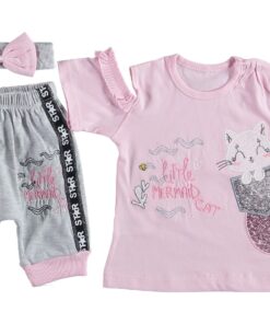 Σετ Μπλουζίτσα Κοντομάνικη με Κορδέλα και Βερμούδα με Σχέδιο Γατούλα Γοργόνα "Little Mermaid Cat" Ροζ