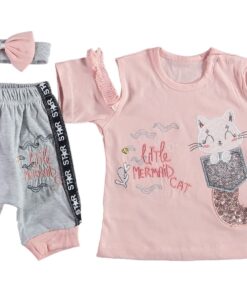 Σετ Μπλουζίτσα Κοντομάνικη με Κορδέλα και Βερμούδα με Σχέδιο Γατούλα Γοργόνα "Little Mermaid Cat" Σομόν