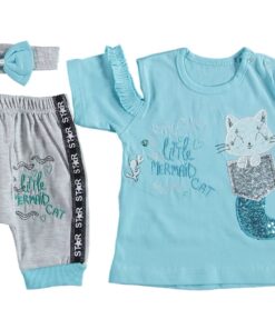Σετ Μπλουζίτσα Κοντομάνικη με Κορδέλα και Βερμούδα με Σχέδιο Γατούλα Γοργόνα "Little Mermaid Cat" Οινοπνευματί