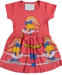 Παιδικό Φορεματάκι με Σχέδιο Ήρωα Κινουμένων Σχεδίων με Φιογκάκι "Happy Bunny" - Κοραλί (31409)
