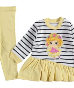 Σετ Μπλουζοφόρεμα και Παντελονάκι με Σχέδιο Ρίγες και Νεράιδα Κίτρινο