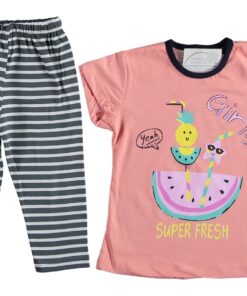 Σετ Μπλουζίτσα Κοντομάνικη και Παντελονάκι Κάπρι με Σχέδιο Καρπούζι "Yeah Girls Super Fresh" Κοραλί
