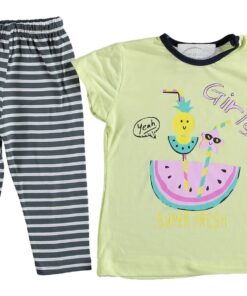 Σετ Μπλουζίτσα Κοντομάνικη και Παντελονάκι Κάπρι με Σχέδιο Καρπούζι "Yeah Girls Super Fresh" Λαχανί