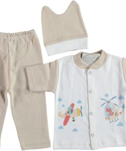 Σετ Πιτζαμάκι με Kοντομάνικο Ζακετάκι, Σκουφάκι και Παντελονάκι με Σχέδιο Αεροπλανάκι και Ελικοπτερο Μπεζ