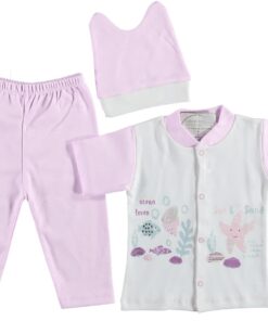 Σετ Πιτζαμάκι με Kοντομάνικο Ζακετάκι, Σκουφάκι και Παντελονάκι με Σχέδιο Ψαράκια και Αστερία "Sun & Sand" Ροζ