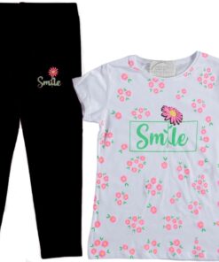 Σετ Κοντομάνικη Μπλουζίτσα και Παντελονάκι Κάπρι με Σχέδιο Λουλουδάκια "Smile" Άσπρο