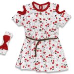 Φορεματάκι Κοντομάνικο με Κομμένους Ώμους, Ζώνη και Κορδέλα με Σχέδιο Κερασάκια Κόκκινο και Άσπρο