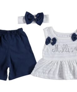 Σετ Κοντομάνικο Μπλουζοφόρεμα, Κορδέλα και Βερμούδα με Σχέδιο Φιογκάκια "Million" Άσπρο