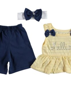 Σετ Κοντομάνικο Μπλουζοφόρεμα, Κορδέλα και Βερμούδα με Σχέδιο Φιογκάκια "Million" Κίτρινο