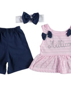 Σετ Κοντομάνικο Μπλουζοφόρεμα, Κορδέλα και Βερμούδα με Σχέδιο Φιογκάκια "Million" Ροζ