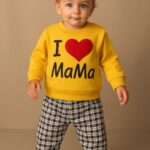 Βρεφικό Λεπτό Σετ, Μπλουζίτσα και Παντελονάκι με Σχέδιο 3D Καρδούλα "I Love Mama" Κίτρινο