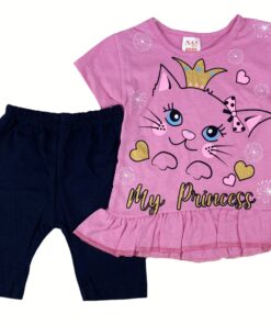 Σετ Μπλουζίτσα και Βερμούδα με Σχέδιο Γατούλα με Κορόνα "My Princess" Ροζ