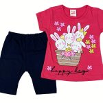 Σετ Μπλουζίτσα και Βερμούδα με Σχέδιο Λαγουδάκια σε Καλάθι και Λουλουδάκια Ροδί