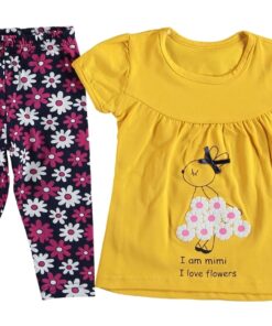 Σετ Μπλουζοφόρεμα και Παντελονάκι Κάπρι με Σχέδιο Λαγουδάκι με Λουλουδάκια "I Am Mimi I Love Flowers" Κίτρινο