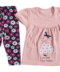 Σετ Μπλουζοφόρεμα και Παντελονάκι Κάπρι με Σχέδιο Λαγουδάκι με Λουλουδάκια "I Am Mimi I Love Flowers" Σομόν