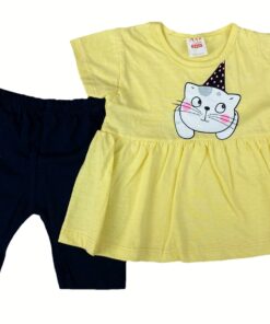 Σετ Μπλουζοφόρεμα και Βερμούδα με Σχέδιο Γατούλα με Καπελάκι Κίτρινο