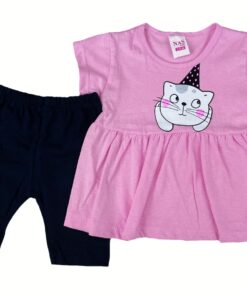 Σετ Μπλουζοφόρεμα και Βερμούδα με Σχέδιο Γατούλα με Καπελάκι Ροζ