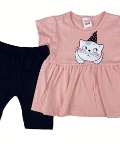 Σετ Μπλουζοφόρεμα και Βερμούδα με Σχέδιο Γατούλα με Καπελάκι Σομόν