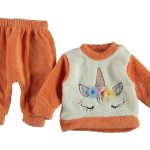 Βρεφικό Χειμερινό Σετ, Μπλουζίτσα και Παντελονάκι Fleece με Σχέδιο Μονόκερο Πορτοκαλί