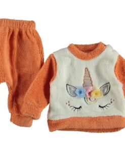 Βρεφικό Χειμερινό Σετ, Μπλουζίτσα και Παντελονάκι Fleece με Σχέδιο Μονόκερο Πορτοκαλί