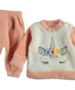 Βρεφικό Χειμερινό Σετ, Μπλουζίτσα και Παντελονάκι Fleece με Σχέδιο Μονόκερο Σομόν