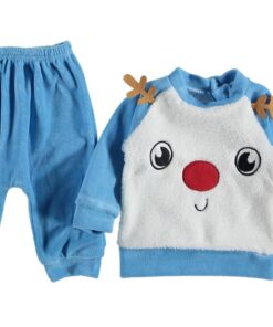 Βρεφικό Χειμερινό Σετ, Μπλουζίτσα και Παντελονάκι Fleece Σιέλ Βελουτέ με Σχέδιο Φατσούλα Ελαφάκι