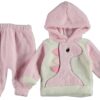 Σετ Μπλουζίτσα με Κουκούλα και Παντελονάκι Fleece με Σχέδιο Δεινοσαυράκι Ροζ