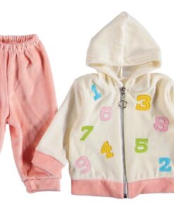 Βρεφικό Χειμερινό Σετ, Ζακετάκι με Κουκούλα και Παντελονάκι Βελουτέ με Σχέδιο Αριθμούς "1 2 3 4 5 6" Σομόν