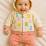 Βρεφικό Χειμερινό Σετ, Ζακετάκι με Κουκούλα και Παντελονάκι Βελουτέ με Σχέδιο Αριθμούς "1 2 3 4 5 6" Σομόν