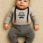 Σετ Κορμάκι με Ενιαίες Τιράντες και Παντελονάκι με Σχέδιο Καπελάκι και Μουστάκι Σκούρο Μπλε