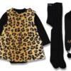 Σετ από 4 Κομμάτια Φορεματάκι, με Κορμάκι, Κασκόλ και Καλσονάκι σε Σχέδιο Λεοπάρ Μαύρο