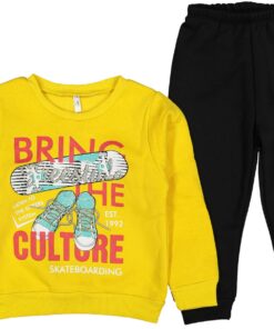 Βρεφικό Σετ Χοντρές Φόρμες Φούτερ, Μπλουζίτσα και Παντελονάκι με Σχέδιο Πατίνι "Bring The Culture" - Κίτρινο