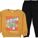 Βρεφικό Σετ Χοντρές Φόρμες Φούτερ, Μπλουζίτσα και Παντελονάκι με Σχέδιο Πατίνι "Bring The Culture" - Μουσταρδί