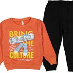 Βρεφικό Σετ Χοντρές Φόρμες Φούτερ, Μπλουζίτσα και Παντελονάκι με Σχέδιο Πατίνι "Bring The Culture" - Πορτοκαλί