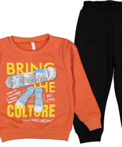 Βρεφικό Σετ Χοντρές Φόρμες Φούτερ, Μπλουζίτσα και Παντελονάκι με Σχέδιο Πατίνι "Bring The Culture" - Πορτοκαλί