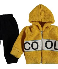 Βρεφικό Χειμερινό Σετ, Ζακετάκι με Κουκούλα και Παντελονάκι Fleece "Cool" Κίτρινο