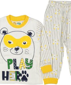 Σετ Μπλουζίτσα και Παντελονάκι με Σχέδιο Μασκοφόρο Αρκουδάκι "Play Hero" Κίτρινο