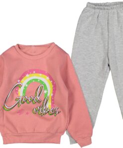 Βρεφικό Σετ Χοντρές Φόρμες Φούτερ, Μπλουζίτσα και Παντελονάκι με Σχέδιο Ουράνιο Τόξο "Good Vibes" - Κοραλί