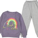 Βρεφικό Σετ Χοντρές Φόρμες Φούτερ, Μπλουζίτσα και Παντελονάκι με Σχέδιο Ουράνιο Τόξο "Good Vibes" - Λιλά