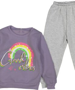 Βρεφικό Σετ Χοντρές Φόρμες Φούτερ, Μπλουζίτσα και Παντελονάκι με Σχέδιο Ουράνιο Τόξο "Good Vibes" - Λιλά