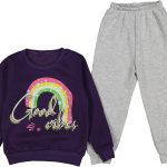 Βρεφικό Σετ Χοντρές Φόρμες Φούτερ, Μπλουζίτσα και Παντελονάκι με Σχέδιο Ουράνιο Τόξο "Good Vibes" - Μοβ