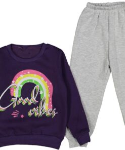 Βρεφικό Σετ Χοντρές Φόρμες Φούτερ, Μπλουζίτσα και Παντελονάκι με Σχέδιο Ουράνιο Τόξο "Good Vibes" - Μοβ