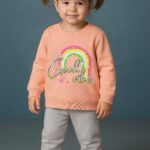 Βρεφικό Σετ Χοντρές Φόρμες Φούτερ, Μπλουζίτσα και Παντελονάκι με Σχέδιο Ουράνιο Τόξο "Good Vibes" - Σομόν